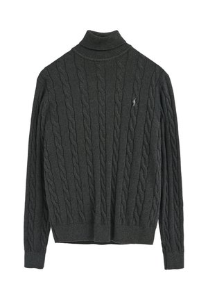 Suéter de cuello alto de punto trenzado en gris oscuro, hecho de un material texturizado, con un cuello y dobladillo acanalados, y un pequeño logo bordado.