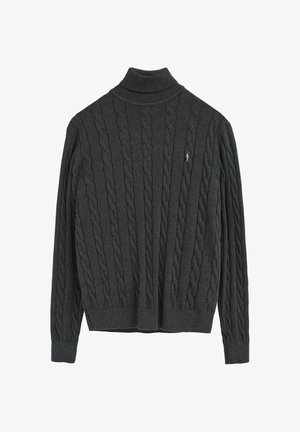 Donkergrijze kabelgebreide coltrui gemaakt van textuurstof, met een geribde kraag en zoom, voorzien van een klein geborduurd logo.