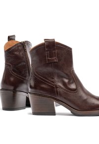 Brown leather ankle boots with a smooth finish, a rear zipper, and a stacked heel. Features pull tabs and subtle stitching details.