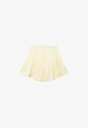 Helles gelbes, ausgestelltes Kleid mit strukturiertem Stoff, elastischem Bund und einem gestuften Design, das eine sanfte, fließende Silhouette schafft.