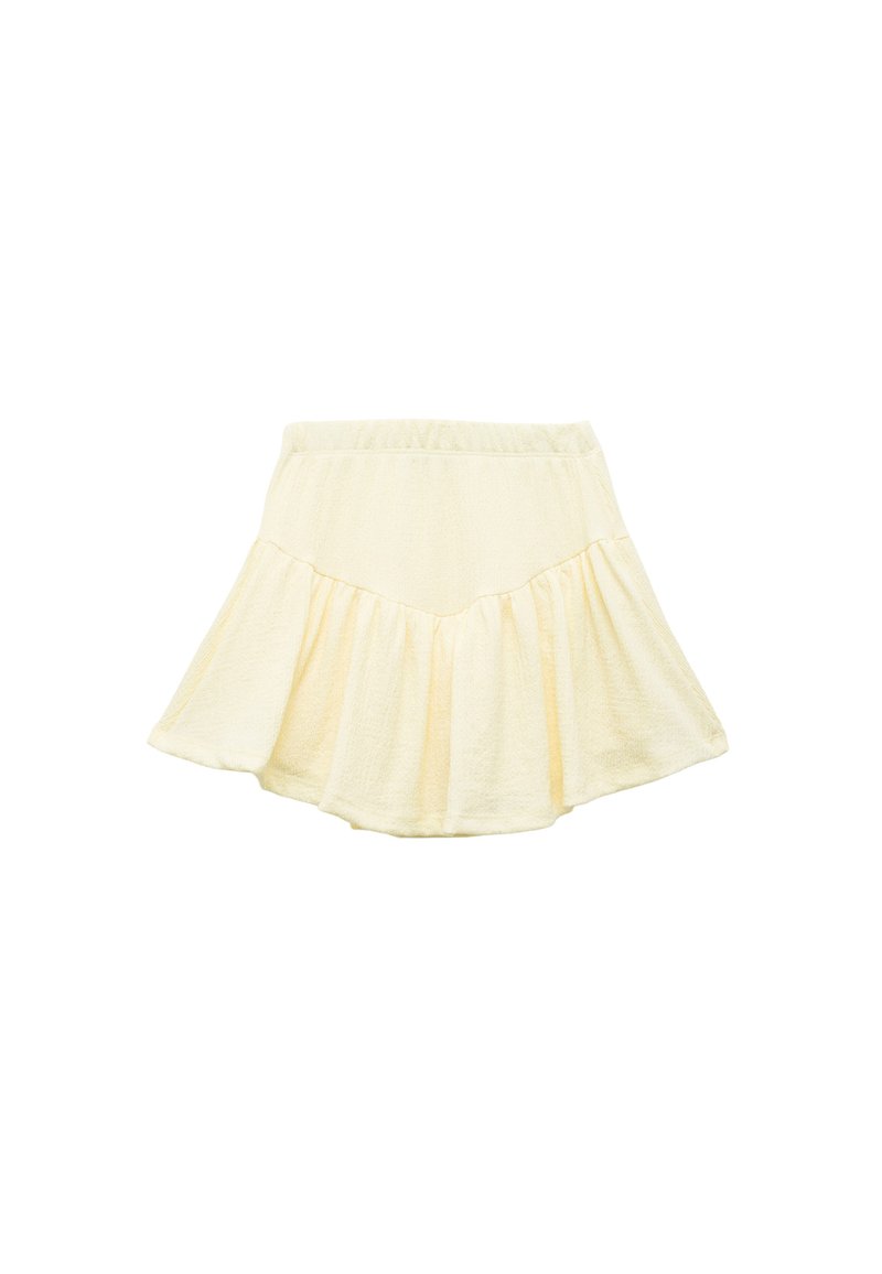 Helles gelbes, ausgestelltes Kleid mit strukturiertem Stoff, elastischem Bund und einem gestuften Design, das eine sanfte, fließende Silhouette schafft.
