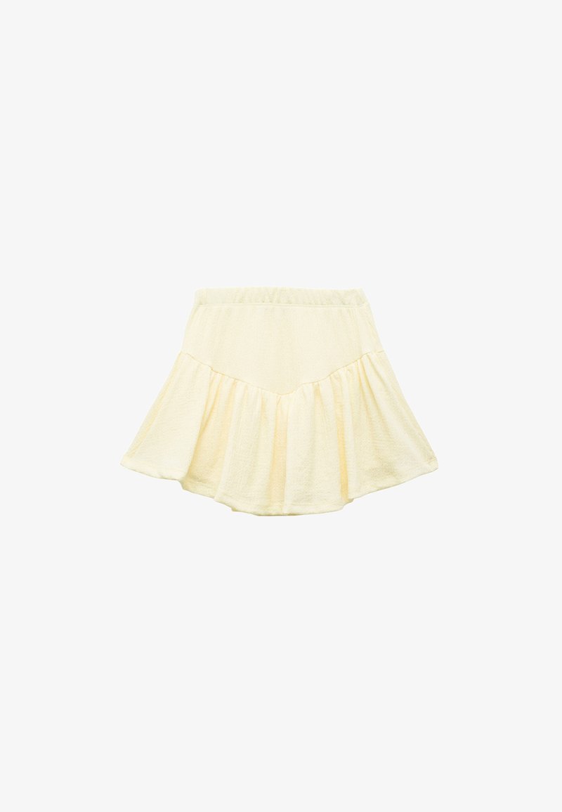 Jupe évasée de couleur jaune clair en tissu texturé, avec une taille élastique et un design à volants, créant une silhouette douce et fluide.