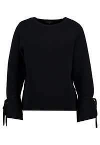 Svart tröja med ribbad textur, rund halsringning och långa ärmar med snöre vid manchetten för justerbar passform.