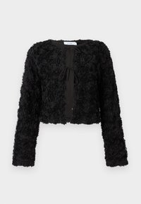 Veste noire courte avec un motif floral texturé, dotée de manches longues et d'une fermeture à lien à l'avant, fabriquée en tissu doux.