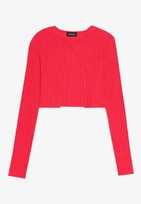Červený rebrovaný crop top s dlhým rukávom, so zaobleným výstrihom a odhaleným predným rozparkom. Mäkká látka s elastickosťou.