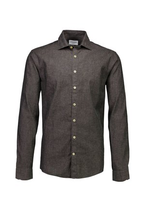 Pitkähihaisen tummanharmaasta kankaasta valmistetun paidan hienovarainen rakenne. Ominaisuuksiin kuuluu klassinen kaulus, nappisulku ja vaaleat napit.