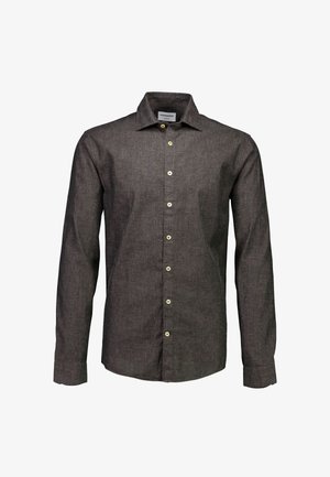 Donkergrijze overhemd met lange mouwen in een subtiele textuur. Voorzien van een klassieke kraag, knoopsluiting en lichtgekleurde knopen.