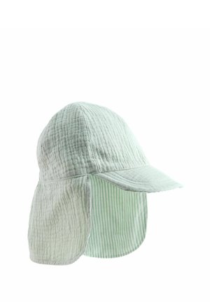 Light green quilted fabric cap with extended neck flap and short visor, designed for sun protection.