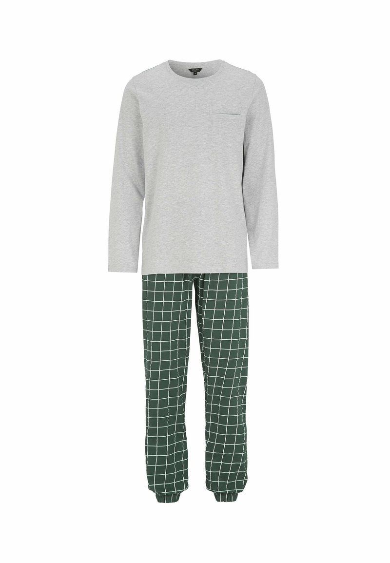Grijze lange mouwtop met een borstzak, gecombineerd met groene geruite pyjamabroek met een elastische tailleband en boorden.