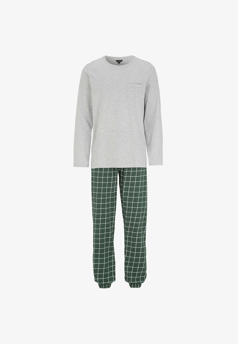 Grijze lange mouwtop met een borstzak, gecombineerd met groene geruite pyjamabroek met een elastische tailleband en boorden.