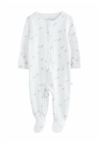 White baby romper with a front zipper, featuring a pattern of small gray ducks. Made from soft fabric, with long sleeves and built-in footies.