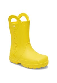 Bright yellow mid-calf rain boot with pull handles, textured toe, and embossed brand name on the side, designed for wet weather protection.