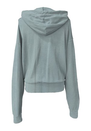Cropped hoodie van lichtblauwe stof, met een capuchon met trekkoord, lange mouwen en geribbelde boorden en zoom. Glad oppervlak, casual ontwerp.