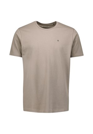Licht beige T-shirt met korte mouwen, gemaakt van zacht katoen. Voorzien van een ronde hals en kleine horizontale accenten op de borst. Soepele textuur.