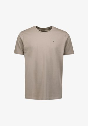 Licht beige T-shirt met korte mouwen, gemaakt van zacht katoen. Voorzien van een ronde hals en kleine horizontale accenten op de borst. Soepele textuur.