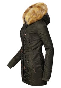 Green insulated parka with a fur-lined hood, waist drawstring, button and zip pockets, and ribbed cuffs. Features quilted detailing.