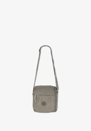Grau Umhängetasche mit strukturiertem Finish, Reißverschluss, Vordertasche und einem geprägten Logo-Patch auf der Vorderseite. Verstellbarer Tragegurt inklusive.