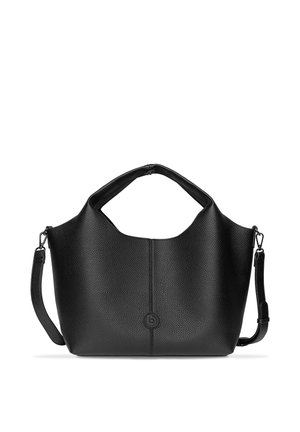 Schwarze Handtasche aus strukturiertem Leder mit einem Tragegriff oben und abnehmbarem Schulterriemen, versehen mit einem dezenten, mittig geprägten Logo.