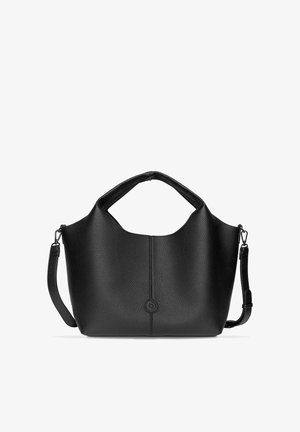 Sac à main en cuir noir texturé avec une poignée supérieure et une bandoulière amovible, présentant un logo subtilement embossé au centre.