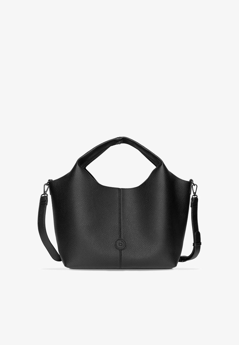 Μαύρη τσάντα χειρός από υφή δέρματος με κορυφαία λαβή και αποσπώμενο ιμάντα ώμου, με διακριτικό ανάγλυφο λογότυπο στο κέντρο.