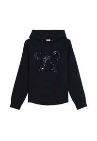 Haut à capuche bleu marine en tissu doux, avec un design de nœud en sequins sur le devant, capuche avec cordon de serrage et poignets et ourlet côtelés.