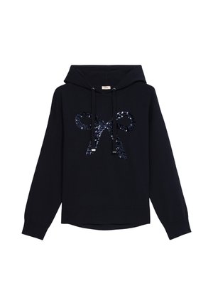Marineblauwe hoodie van zachte stof met een pailletten strikontwerp op de voorkant, een verstelbare capuchon en geribde manchetten en onderrand.
