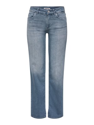 Blugi din denim albastru deschis, cu croială dreaptă, buzunare frontale, găici pentru curea, închidere cu nasture și etichetă de brand pe talie.