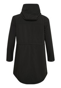 Schwarzer wasserdichter Mantel mit Kapuze, langen Ärmeln, leicht geschwungenem Saum und Druckknopfdetails an den Handgelenken und der Taillennaht.