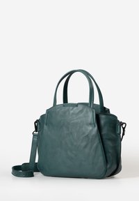 Borsa a mano in pelle teal con manici doppi, tracolla staccabile e forma strutturata. Presenta cuciture delicate e una texture liscia.