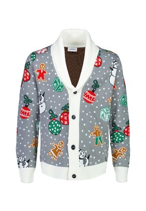Grijze cardigan met witte sjawl-kraag, versierd met feestelijke patronen van sneeuwpoppen, peperkoekmannetjes en ornamenten in rood, groen en wit.