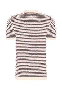 Lyhythihainen polo-paita, jossa on creme- ja viininpunaisia vaakaraitoja. Paita on valmistettu teksturoidusta kankaasta, jossa on pehmeä kaulus ja kirjottu helma.