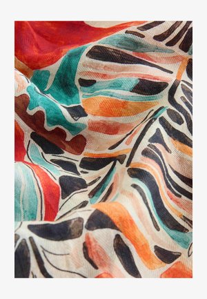 Buntes Textil mit wirbelnden Mustern in Rot, Orange, Schwarz und Türkis auf hellem Hintergrund, das eine weiche, strukturierte Oberfläche zeigt.