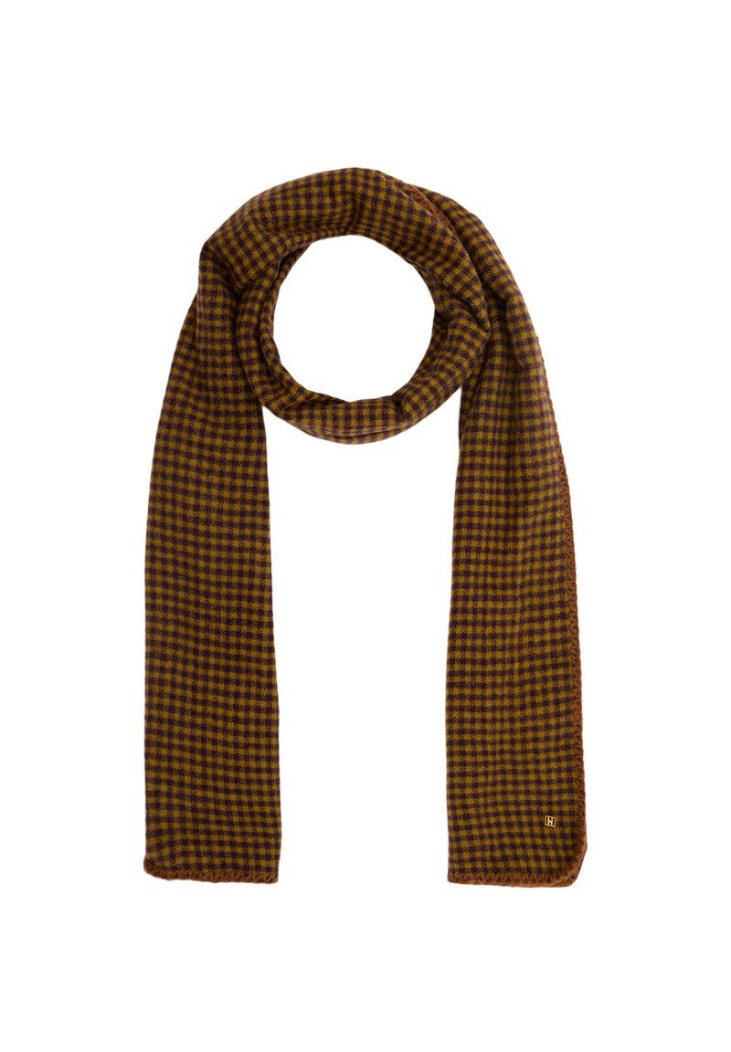 Ruskea ja sinapinvärinen ruutukuvioinen huivi, joka on valmistettu pehmeästä kankaasta, suorakulmaisen muotoinen ja fringed-reunalla, jossa on pieni brändilogojen yksityiskohta.
