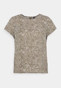 Blouse manches courtes vert olive avec motif abstrait de feuilles blanches et encolure ronde.