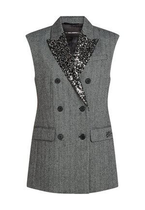 Grauer ärmelloser Weste mit Fischgrätenmuster, doppelt geknöpftem Design, schwarzen Knöpfen und einem mit Pailletten verzierten Kragen in Schwarz und Weiß.