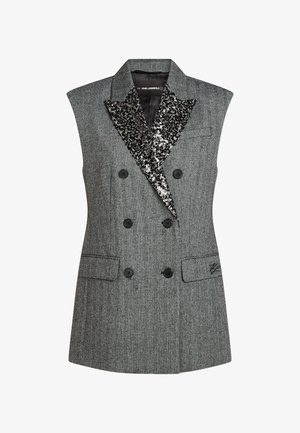 Grijze mouwloze vest met een visgraatpatroon, dubbelrijgdesign, zwarte knopen en een kraag met paillettenaccenten in zwart en wit.