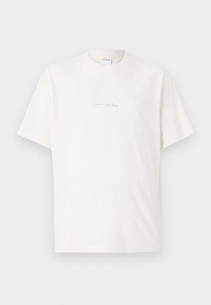 White cotton t-shirt with a crew neck, short sleeves, and a small printed logo on the front. Smooth texture and relaxed fit.