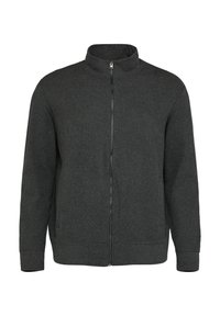 Dunkelgraue Zip-Jacke mit hohem Kragen, aus strukturiertem Stoff, mit zwei seitlichen Taschen und gerippten Bündchen an den Ärmeln und dem Saum.