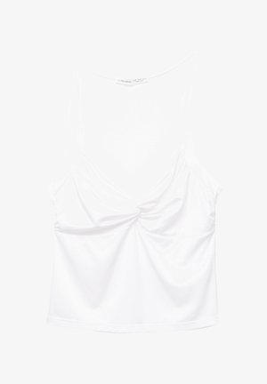 Top sans manches blanc en tissu lisse, avec un devant froncé et un détail twisté, ainsi qu'un large décolleté.