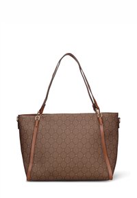 Bruine tas met patroon en dubbele leren hengsels in tan, voorzien van geometrische ontwerpen en accenten van goudkleurig beslag.