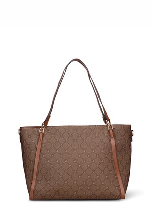 Borsa tote marrone con motivo a fantasia, dotata di doppie tracolle in pelle marrone chiaro, caratterizzata da disegni geometrici e dettagli in metallo color oro.