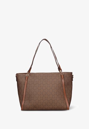 Borsa tote marrone con motivo a fantasia, dotata di doppie tracolle in pelle marrone chiaro, caratterizzata da disegni geometrici e dettagli in metallo color oro.