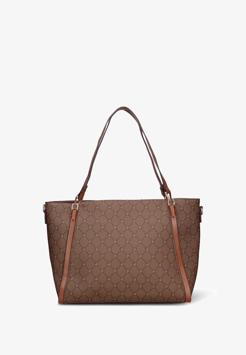 Bruine tas met patroon en dubbele leren hengsels in tan, voorzien van geometrische ontwerpen en accenten van goudkleurig beslag.