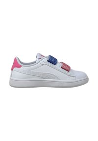 Sneaker bianche con una finitura liscia, dotate di strap in velcro glitter rosa e blu, interno imbottito e suola in gomma.