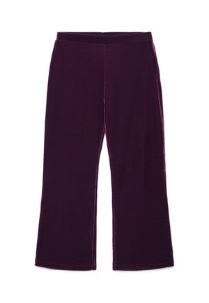 Pantaloni in velluto viola a gamba larga con una vita semplice, senza tasche o chiusure visibili, mostrati su sfondo bianco.
