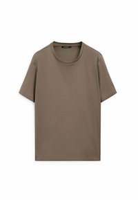Plain brown short-sleeve crew neck t-shirt, displayed flat against a white background.
