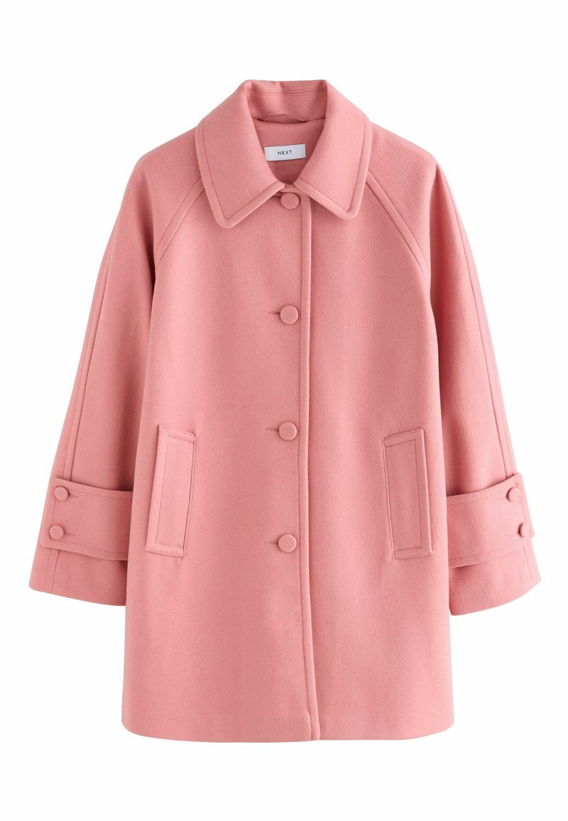 Roosa villa segakudumist mantel lai krae, ette nuppe sulgemiseks ja kahe küljetaskuga. Omab ümmargusi varrukaid ja dekoratiivseid mansette.