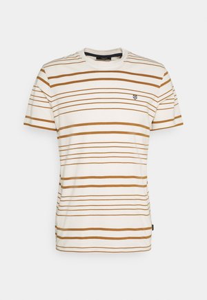 Gestreiftes T-Shirt in Creme mit horizontalen braunen Streifen, Rundhalsausschnitt, kurzen Ärmeln und kleinem Logodetail auf der Brust. Aus weichem Baumwollmaterial.