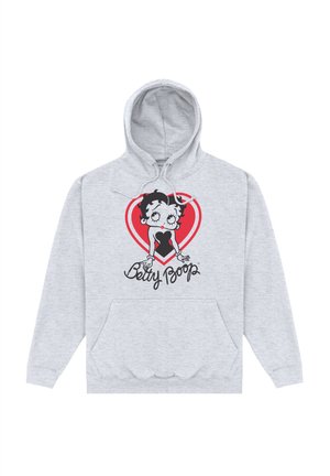 Grauer Hoodie mit einem Betty Boop Grafik in Schwarz und Rot, versehen mit einem Herzdesign. Enthält eine Kängurutasche und eine Kordelzugkapuze.