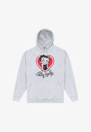 Szary hoodie z grafiką Betty Boop w czerni i czerwieni, z sercem w tle. Zawiera kieszeń kangurką oraz kaptur ze sznurkiem.